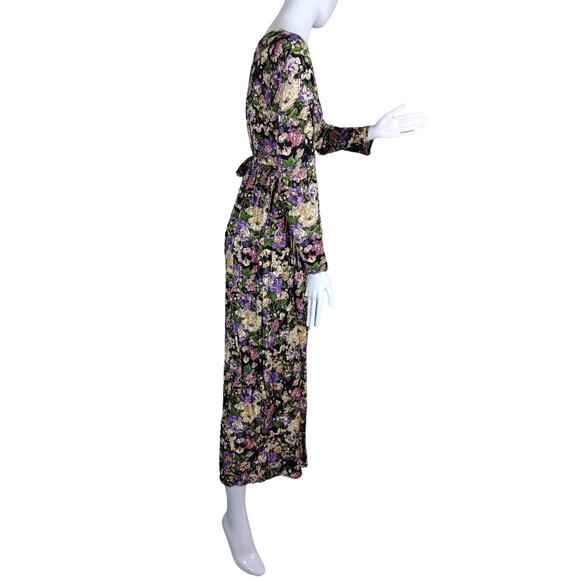 Vintage 90s Basics Floral Maxi Dress Large Long Sleeve Floral Print Purple Cream - Picture 3 of 10